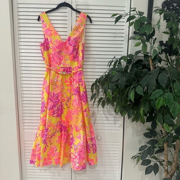 NWT Lilly Pulitzer Bri Midi Dress Yellow Floral Coral Sz 10 $258 Retail - Picture 4 of 6